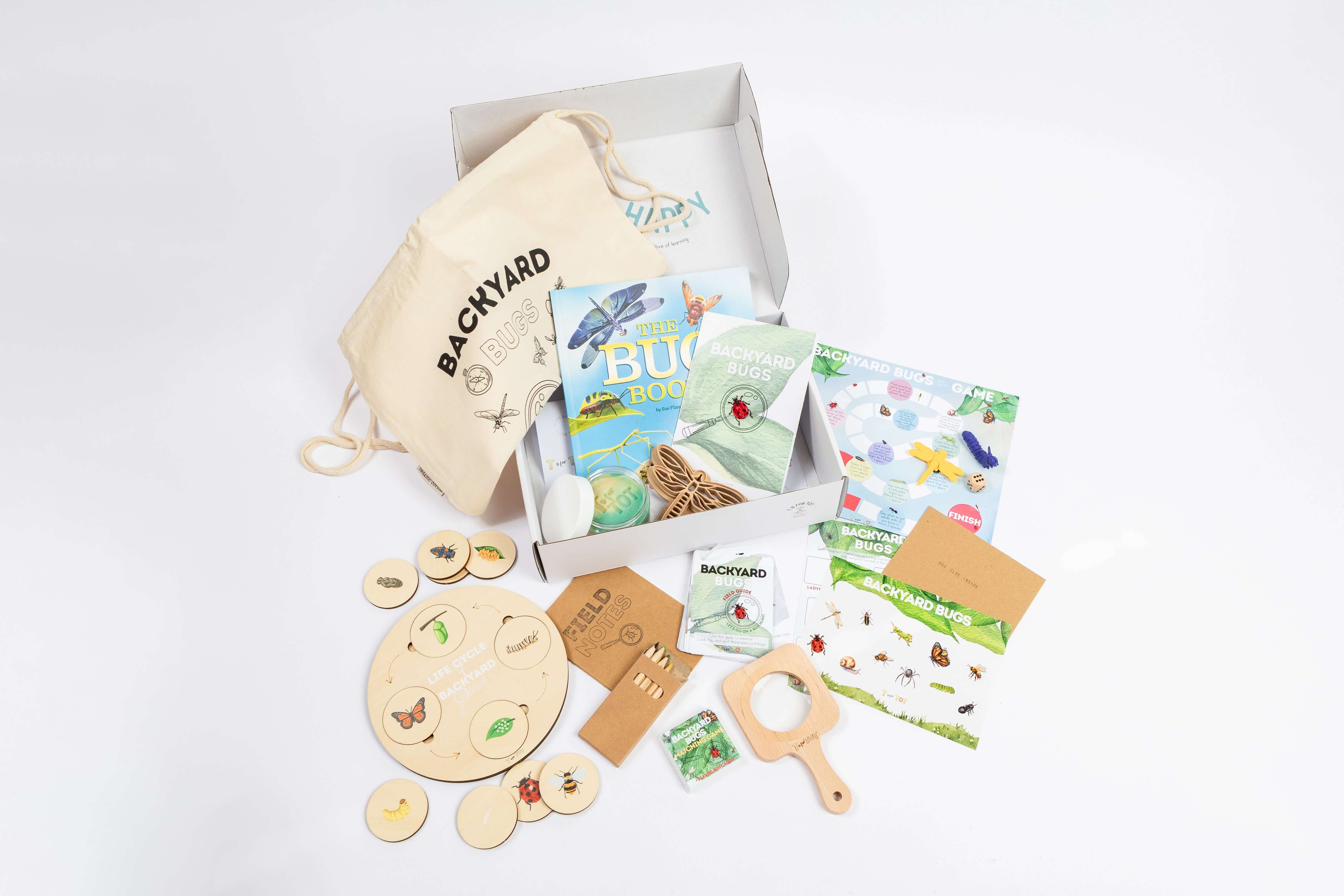 Backyard Bugs Kit components with field guide, life cycle puzzle, games, and playdough for early childhood exploration